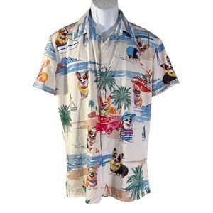 Unbranded Corgi Beach Button Down Shirt Mens Medium Tan Tropical Dog Print